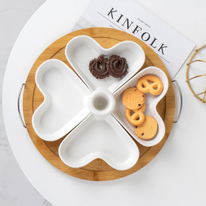 Ceramic dessert platter with wooden tray