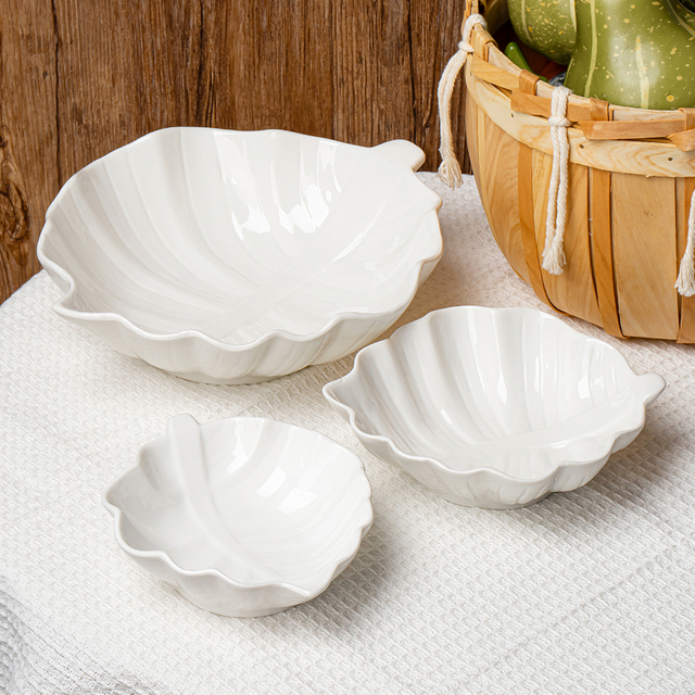 Leaf Shaped White Ceramic Salad Bowl