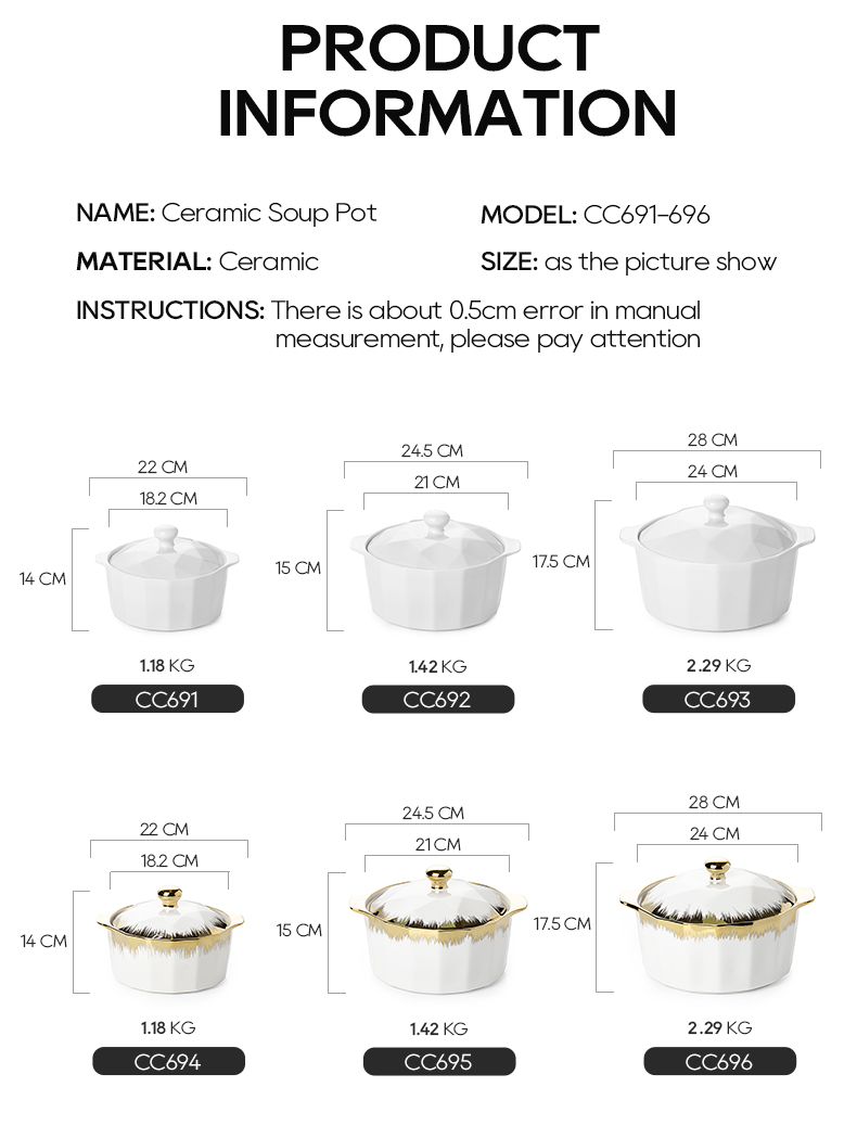 luxury gold-plated ceramic soup pot size