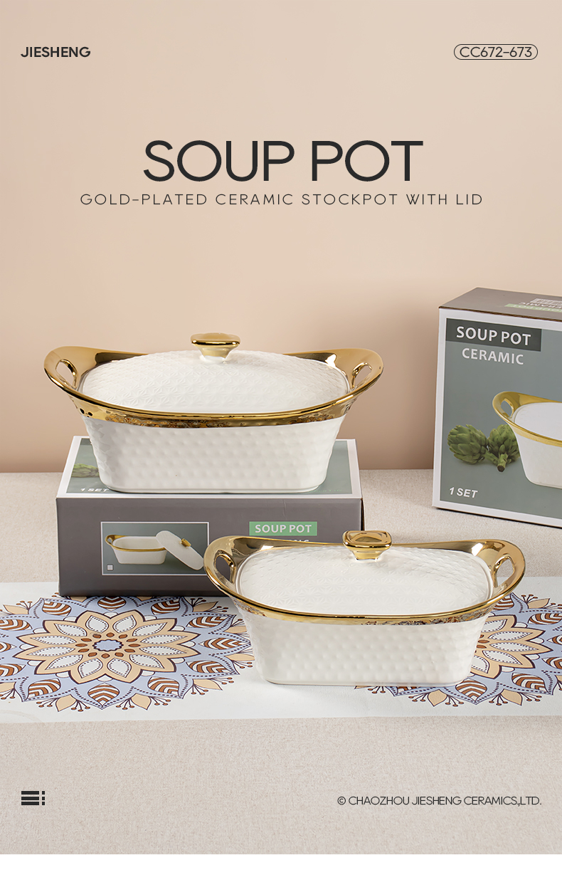 ceramic soup pot with gold plating