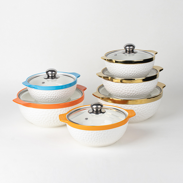 Embossed Design Gold-Plated Ceramic Soup Pot Set with Glass Lid