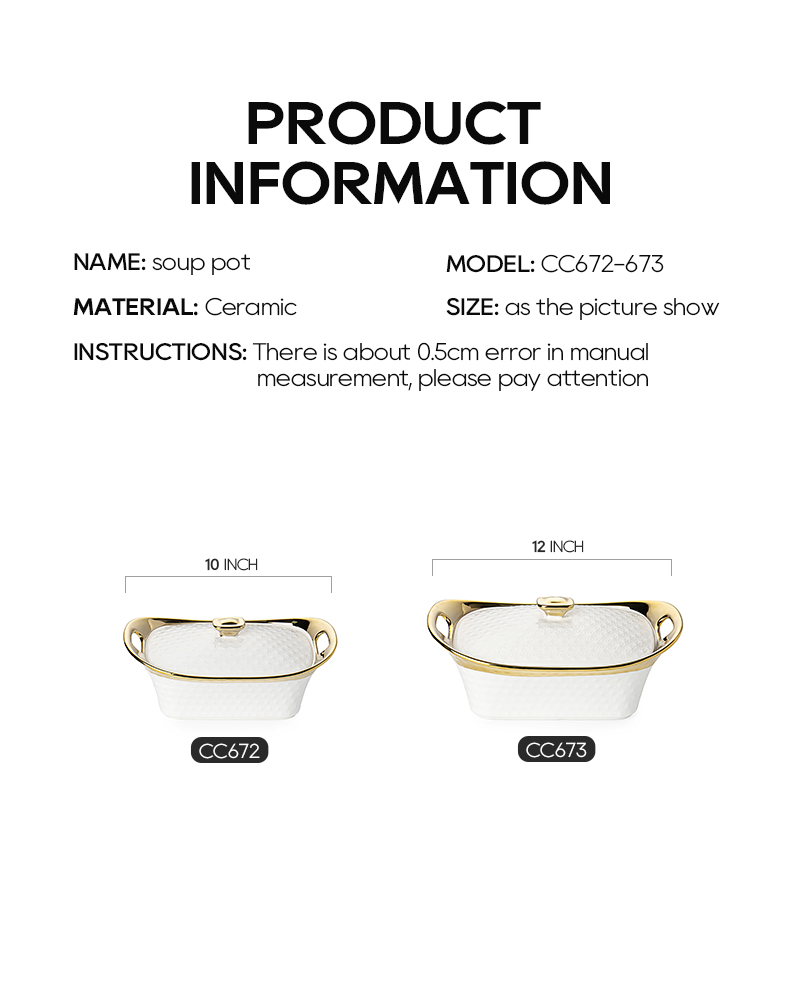 ceramic soup pot with gold plating size